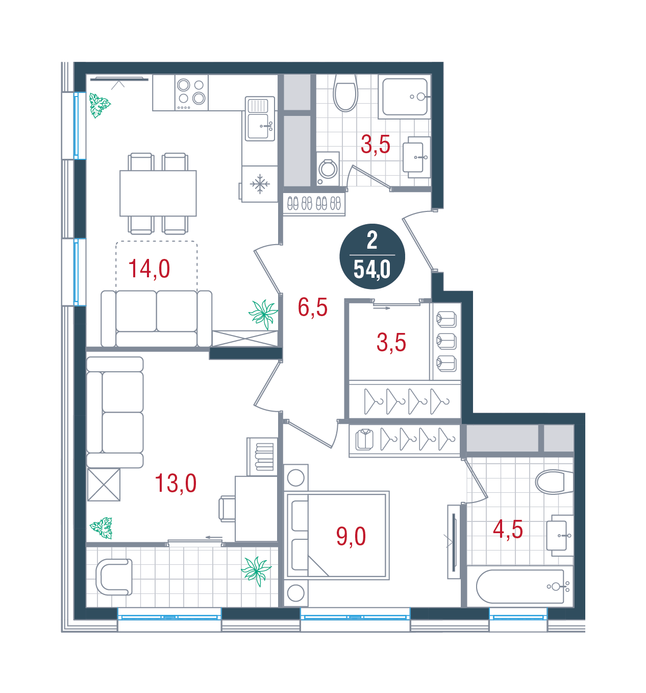2 комн. квартира, 54 м², 16 этаж 