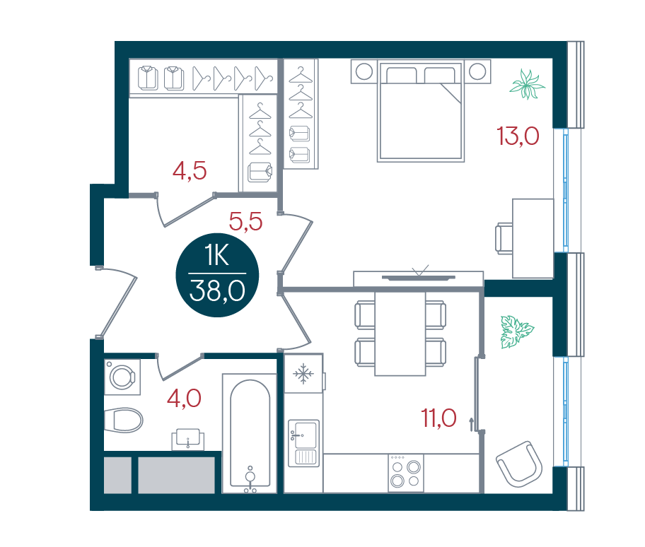 1 комн. квартира, 38 м², 22 этаж 