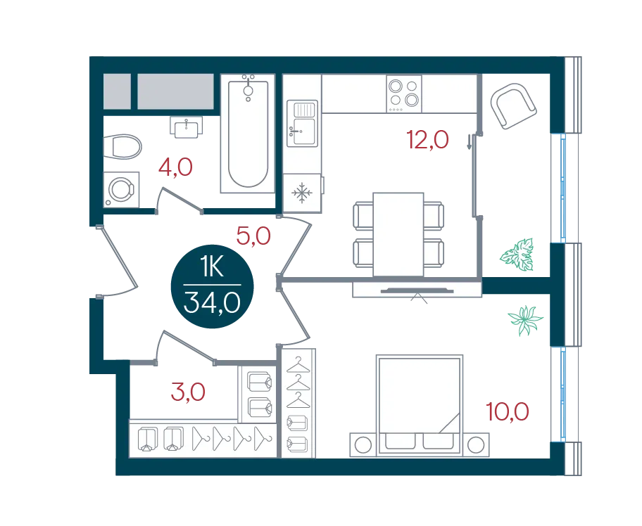 1 комн. квартира, 34 м², 22 этаж 