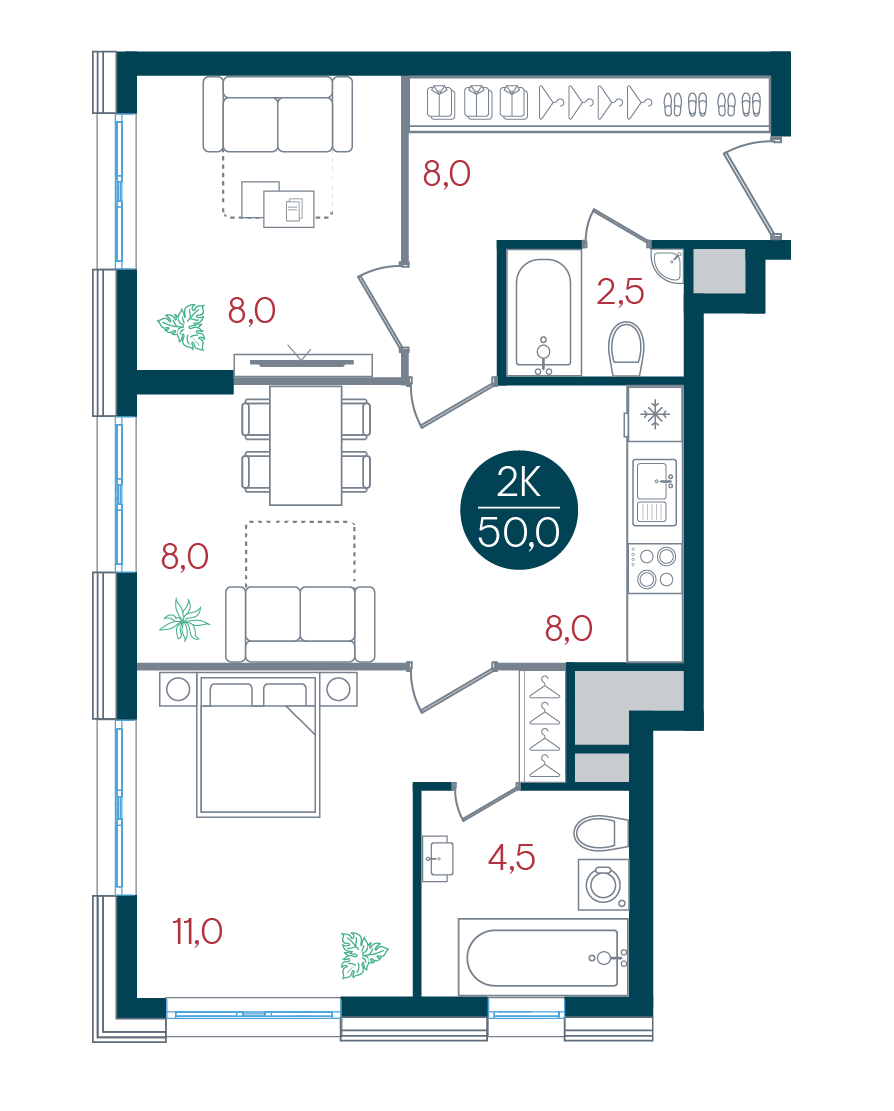 2 комн. квартира, 50 м², 22 этаж 