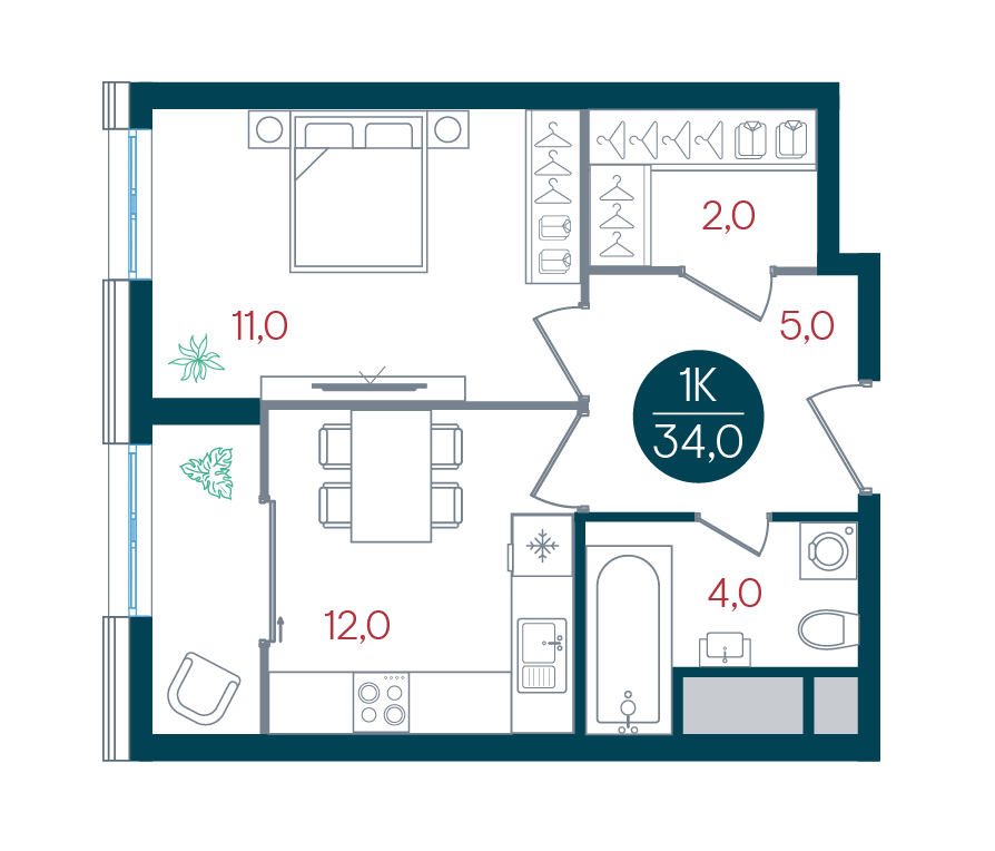 1 комн. квартира, 34 м², 22 этаж 