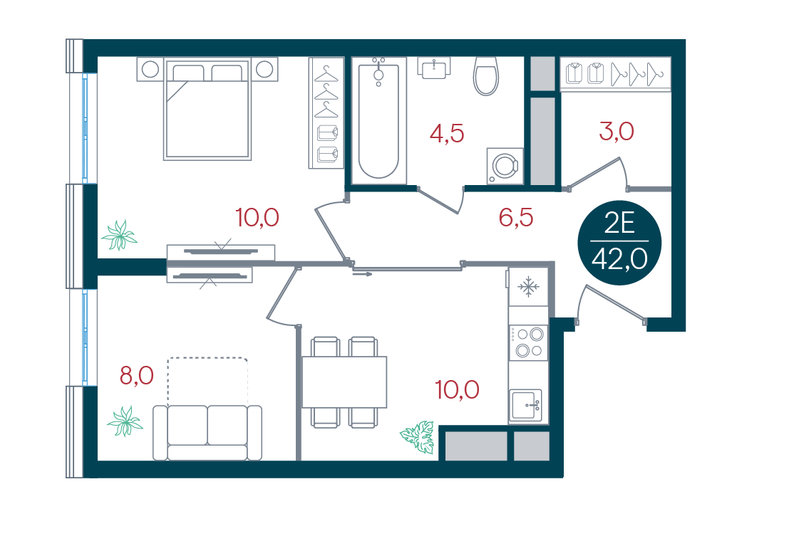 2 комн. квартира, 42 м², 22 этаж 