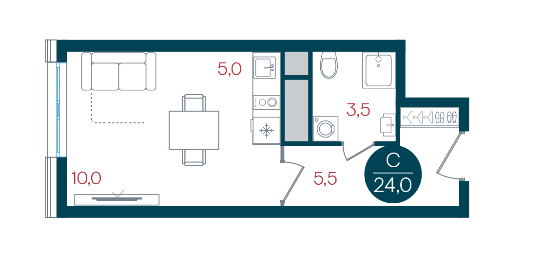 студия, 24 м², 24 этаж 