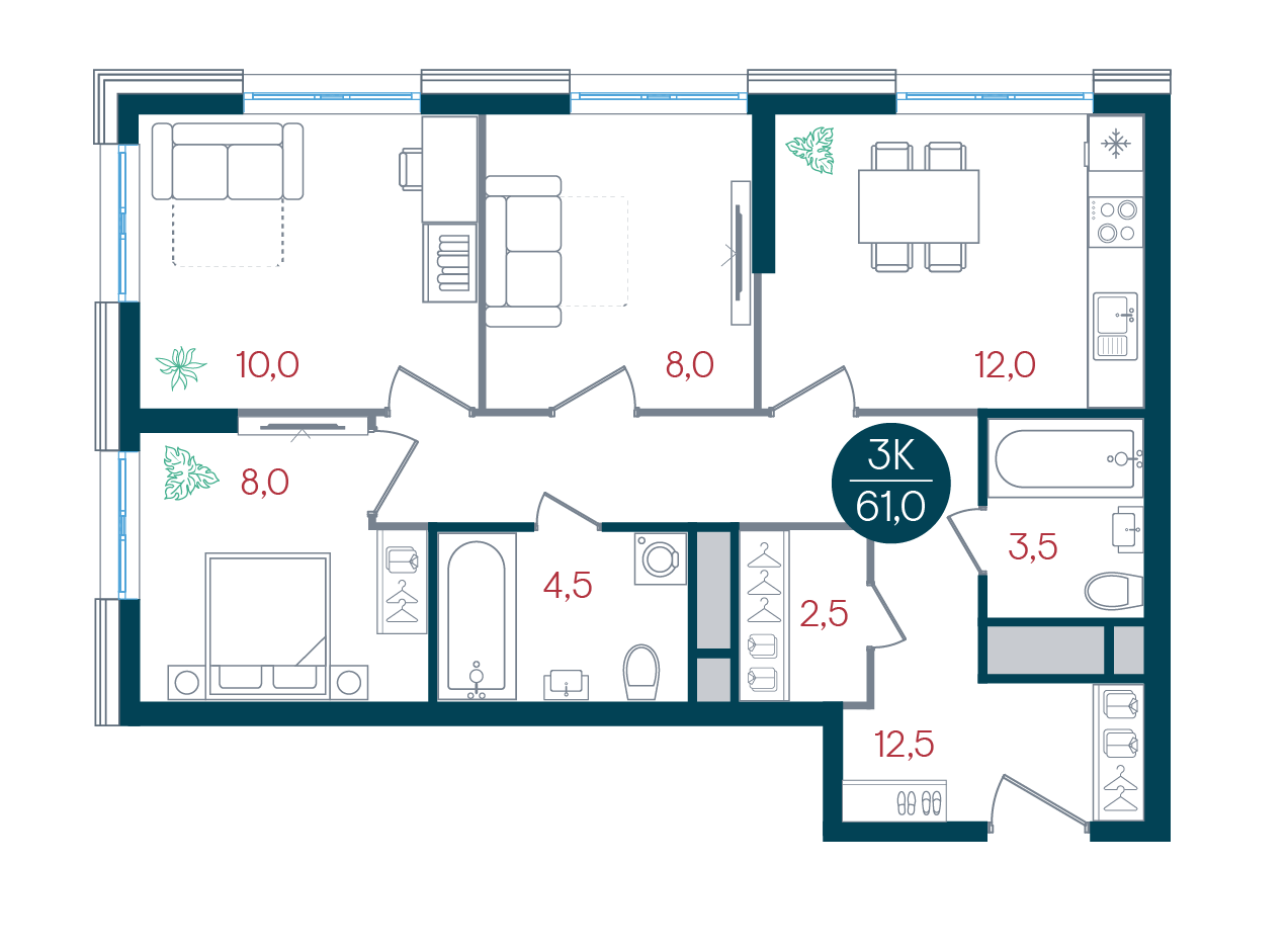 3 комн. квартира, 61 м², 24 этаж 