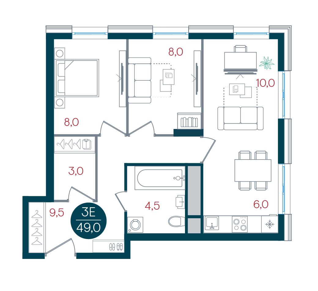 3 комн. квартира, 49 м², 24 этаж 