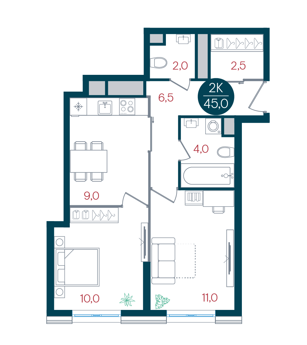 2 комн. квартира, 45 м², 24 этаж 