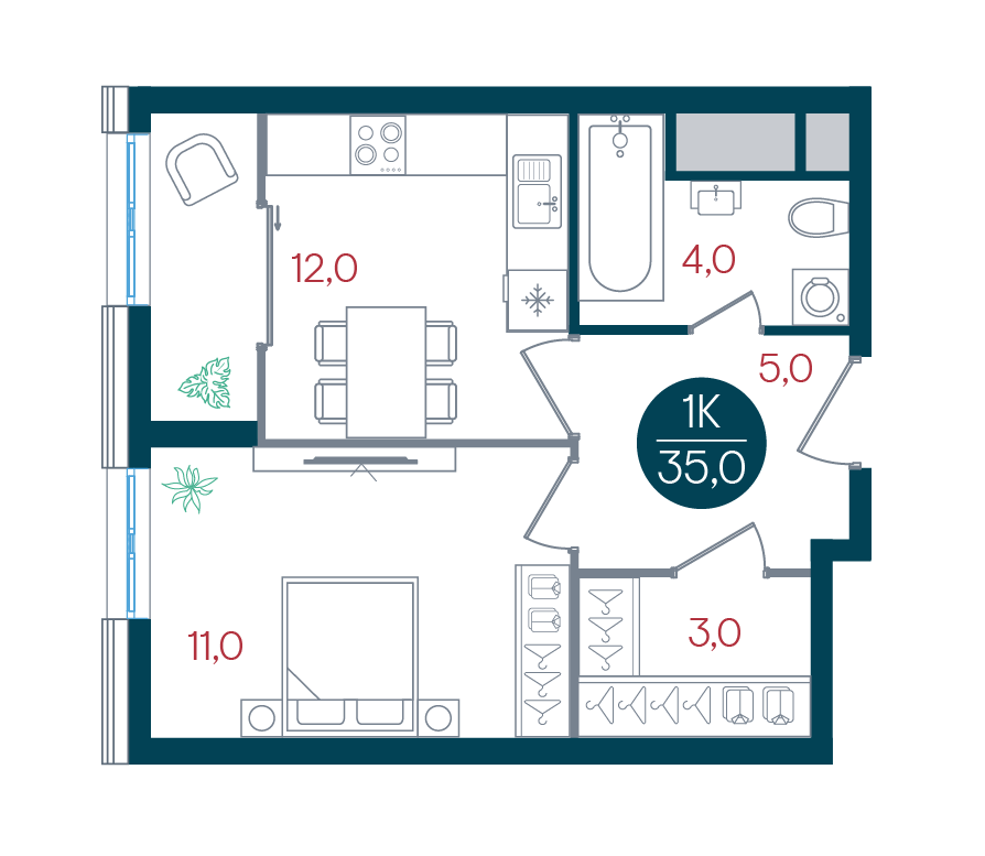 1 комн. квартира, 35 м², 24 этаж 