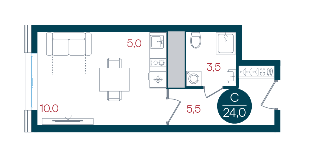 студия, 24 м², 27 этаж 