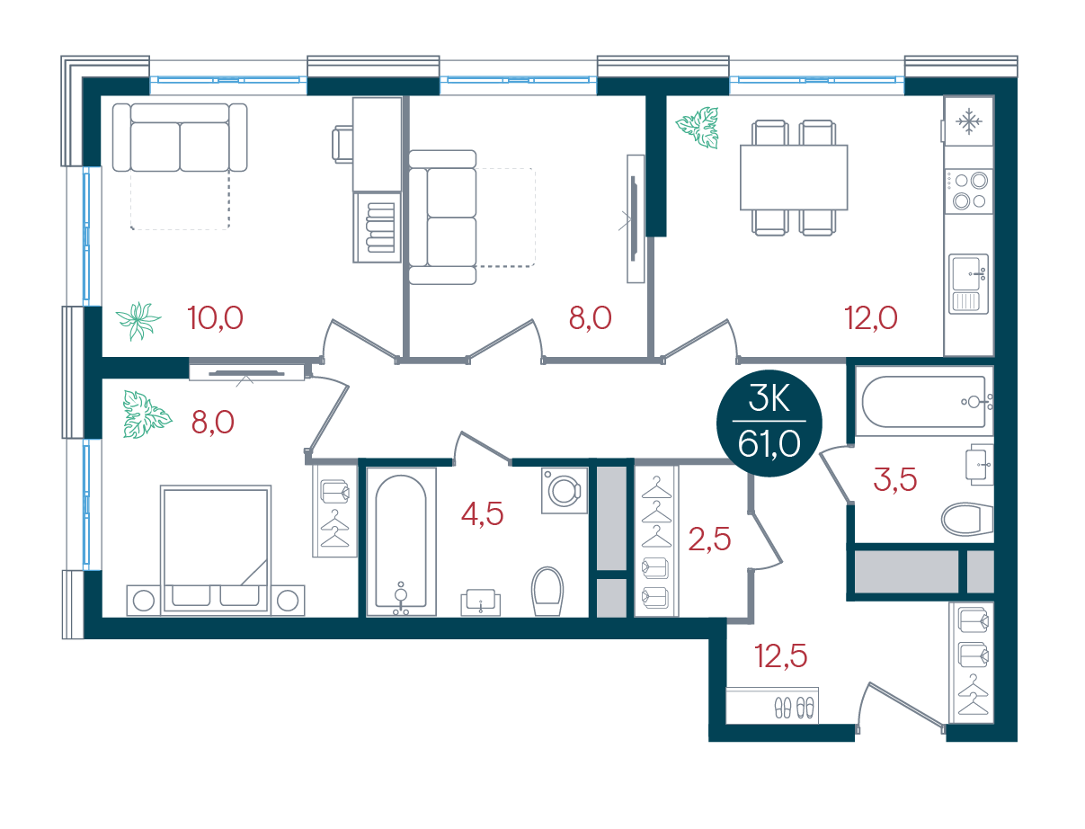 3 комн. квартира, 61 м², 27 этаж 