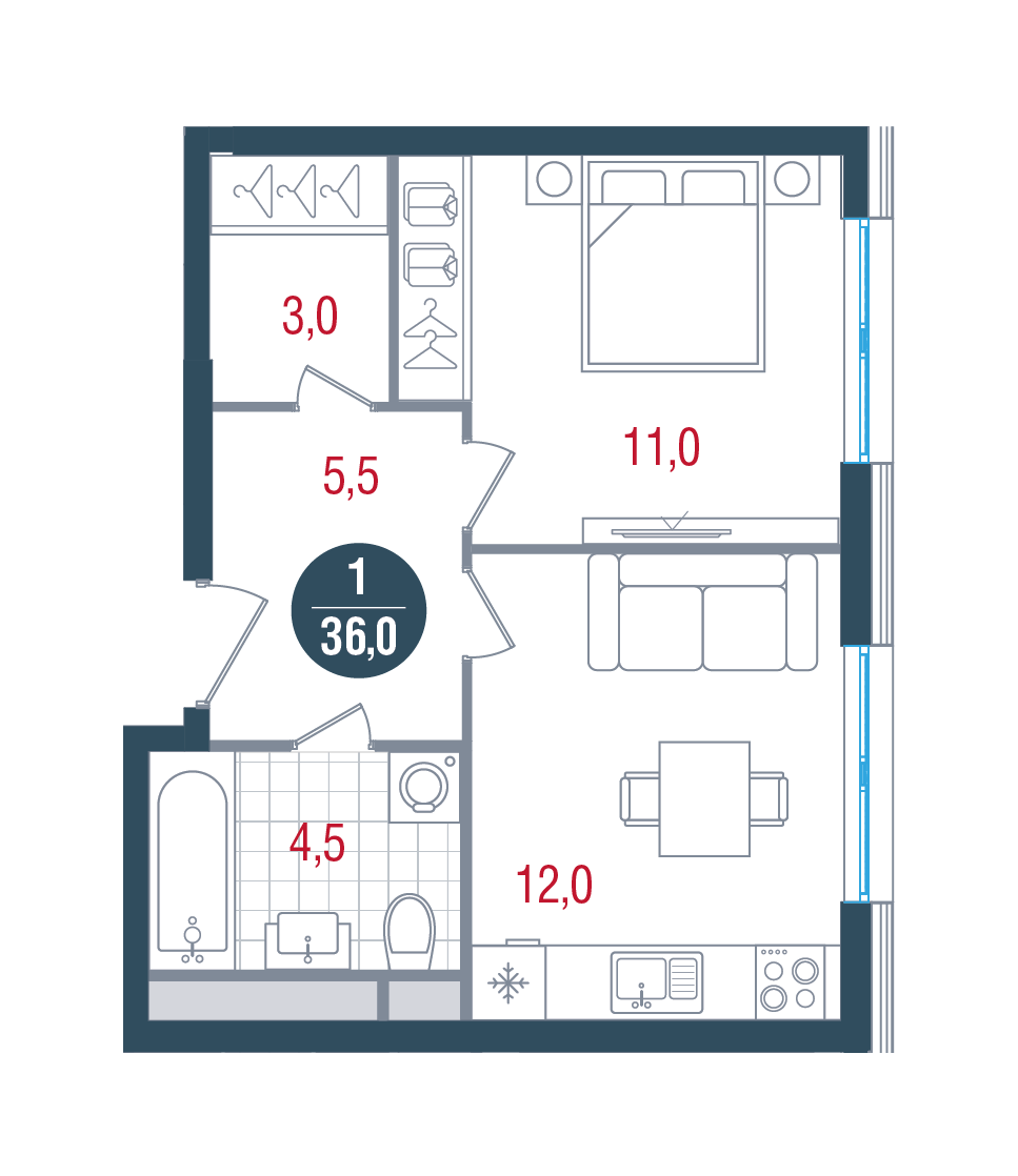 1 комн. квартира, 36 м², 6 этаж 