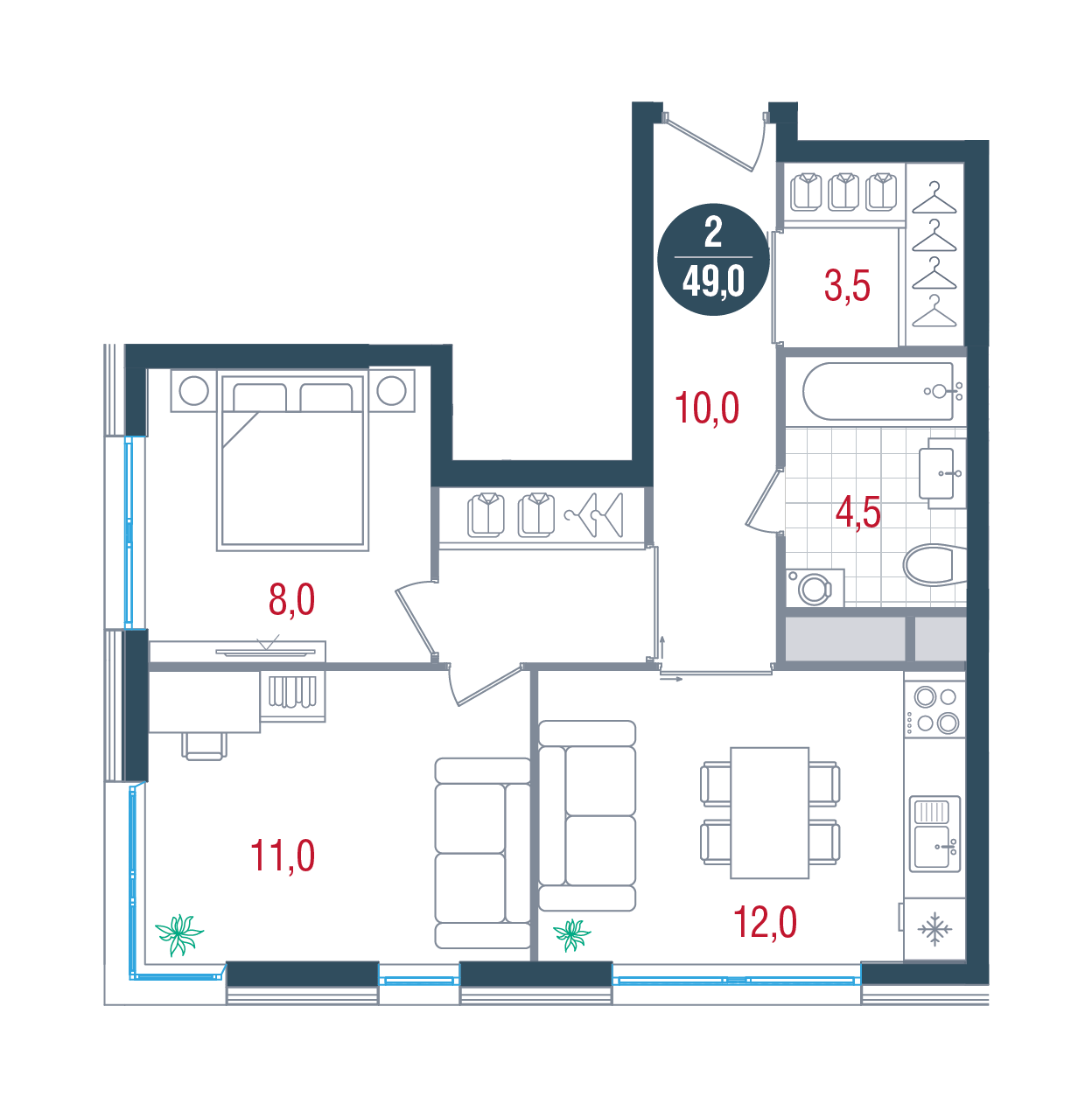 2 комн. квартира, 49 м², 11 этаж 