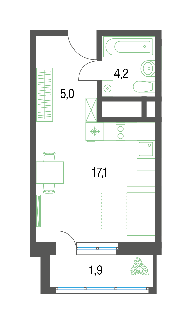студия, 28.1 м², 17 этаж 
