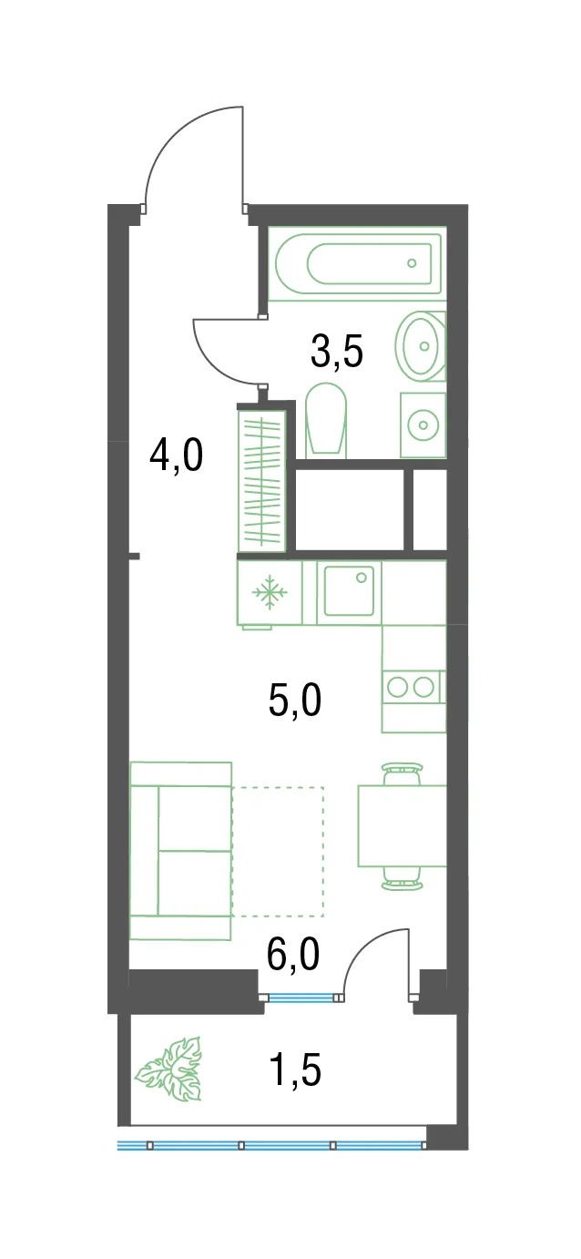 студия, 20 м², 19 этаж 