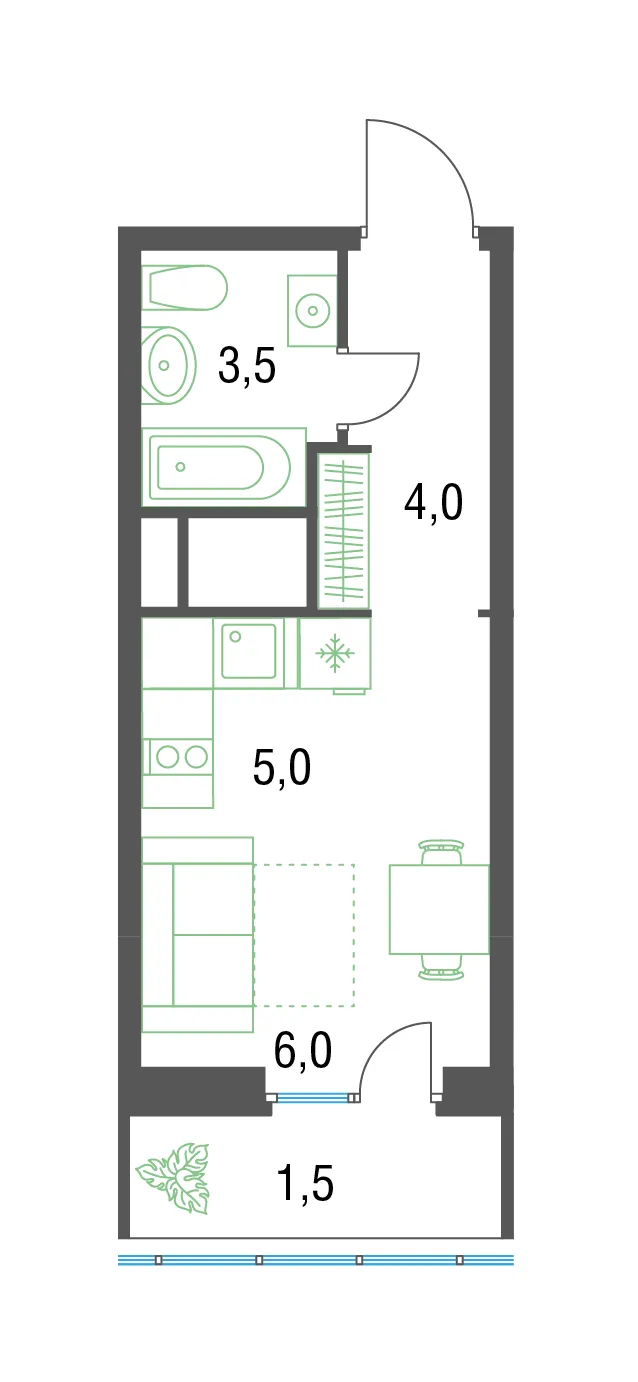 студия, 20 м², 25 этаж 
