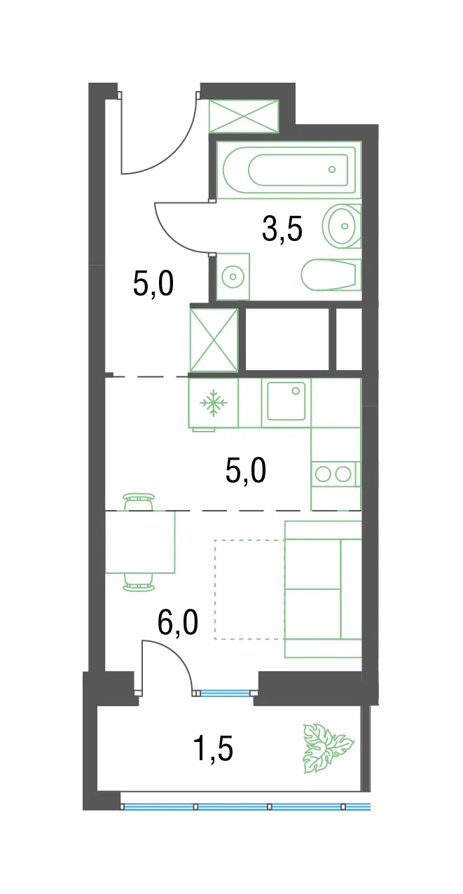 студия, 21.7 м², 2 этаж 