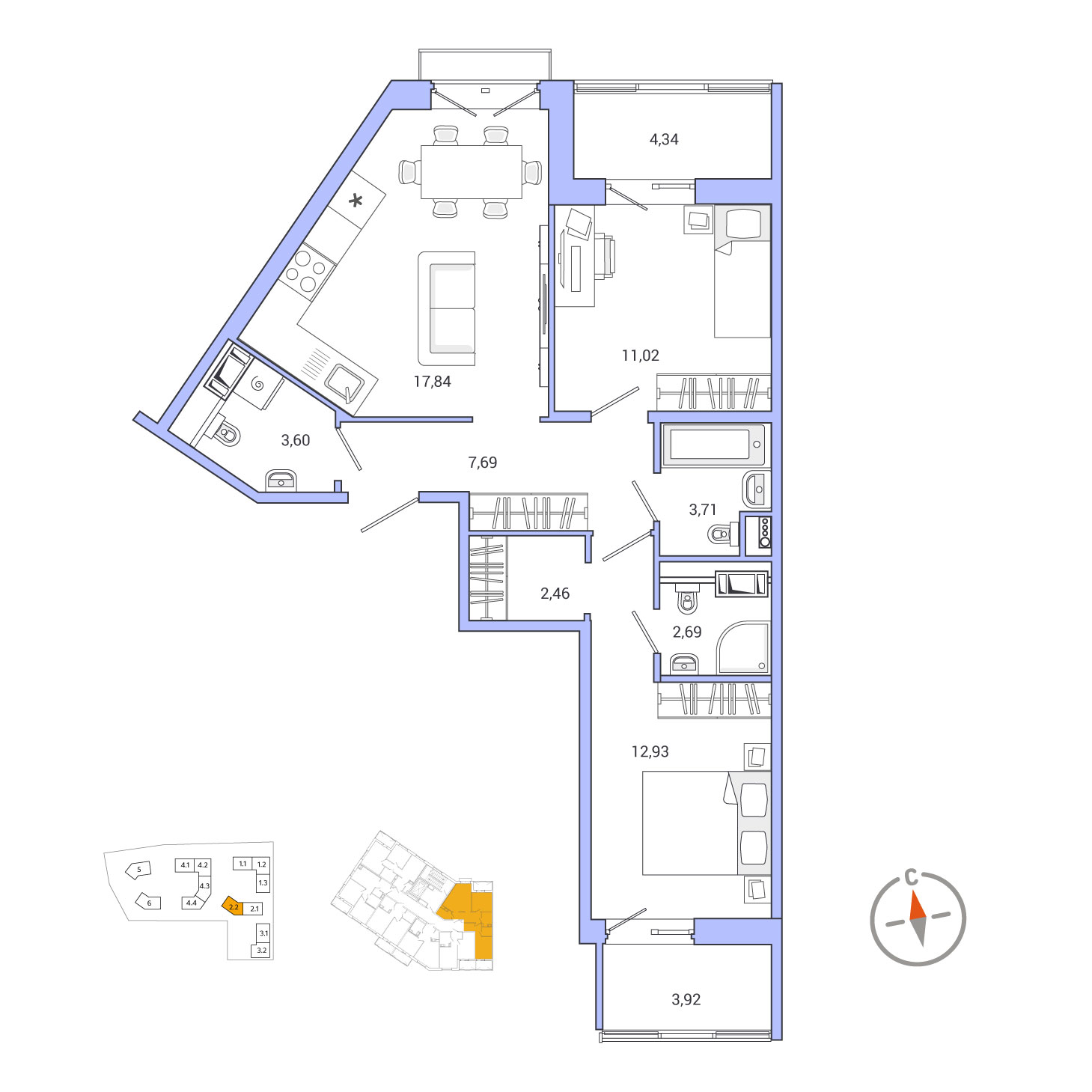2 комн. квартира, 66.1 м², 7 этаж 
