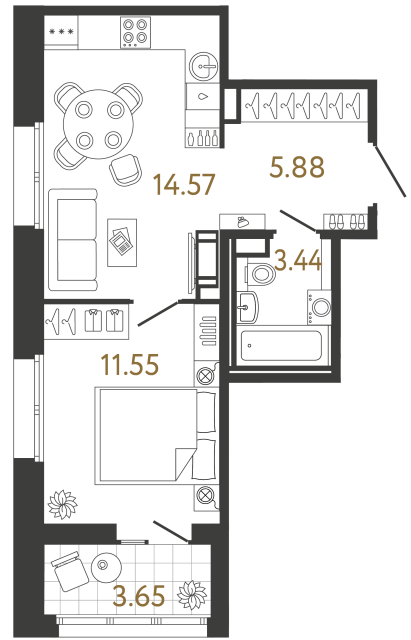 1 комн. квартира, 35.4 м², 13 этаж 