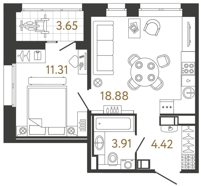 1 комн. квартира, 38.5 м², 11 этаж 