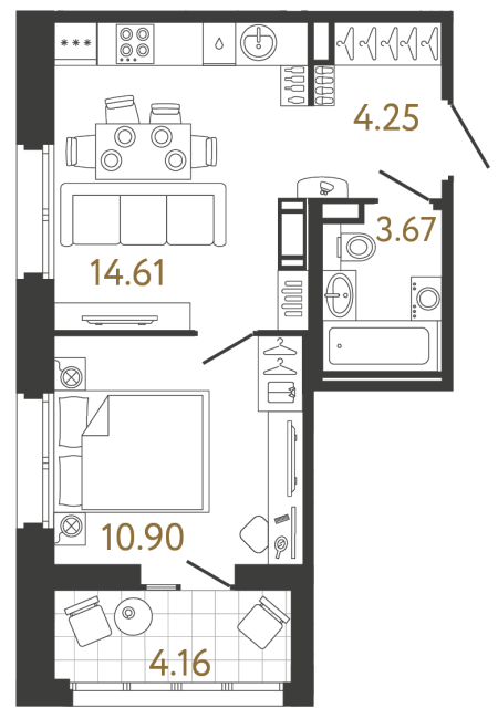 1 комн. квартира, 33.4 м², 11 этаж 