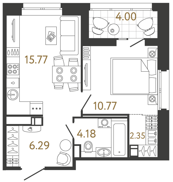 1 комн. квартира, 39.4 м², 15 этаж 