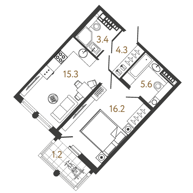 1 комн. квартира, 44.8 м², 7 этаж 