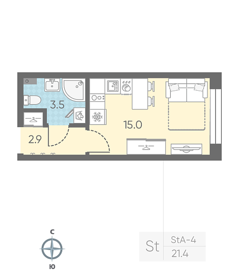 студия, 21.4 м², 2 этаж 