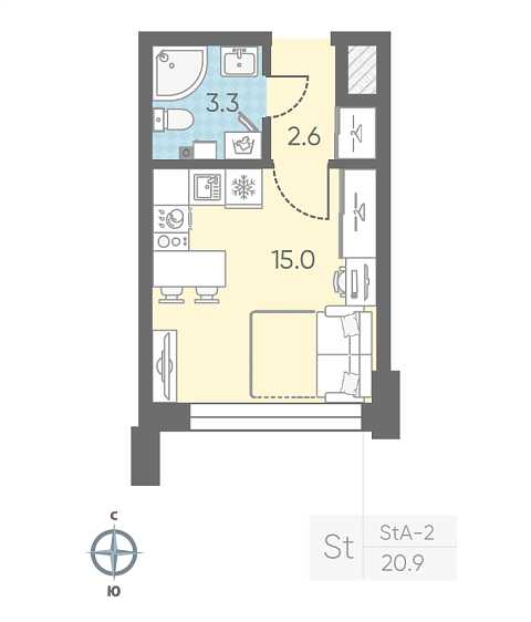 студия, 20.9 м², 2 этаж 