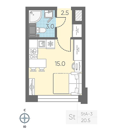 студия, 20.5 м², 4 этаж 