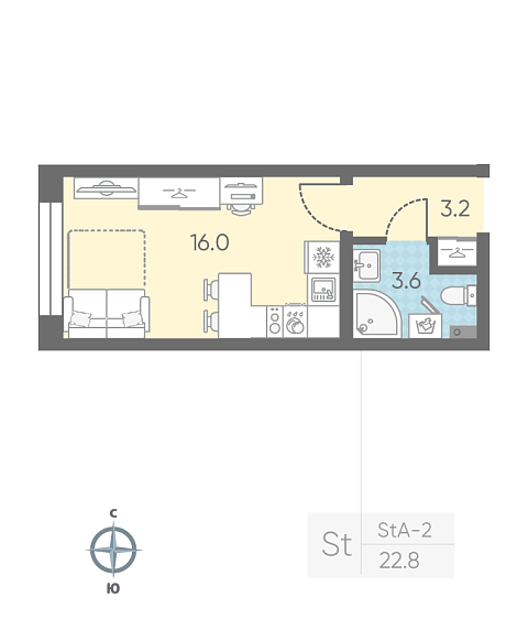 студия, 22.8 м², 2 этаж 