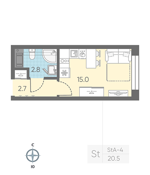 студия, 20.5 м², 8 этаж 