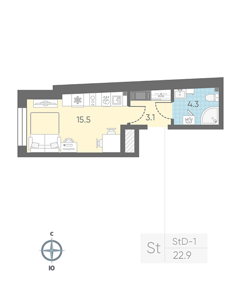 студия, 22.9 м², 7 этаж 