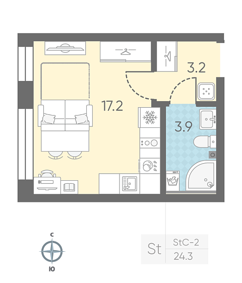 студия, 24.3 м², 2 этаж 