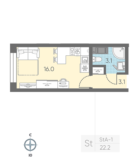 студия, 22.2 м², 9 этаж 