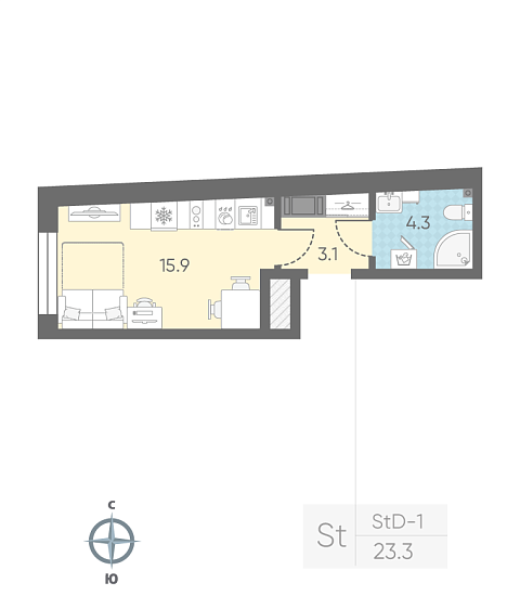 студия, 23.3 м², 9 этаж 