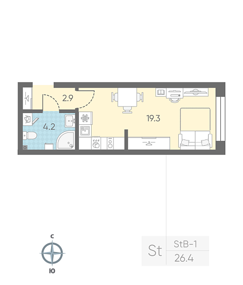 студия, 26.4 м², 2 этаж 