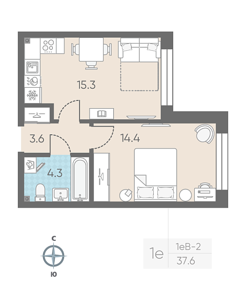 студия, 37.6 м², 2 этаж 