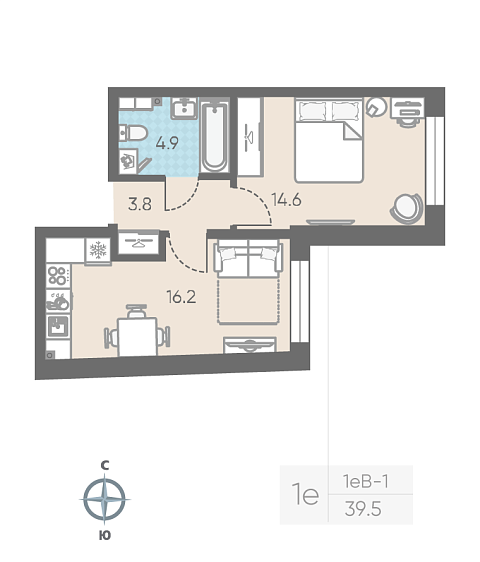 студия, 39.5 м², 2 этаж 