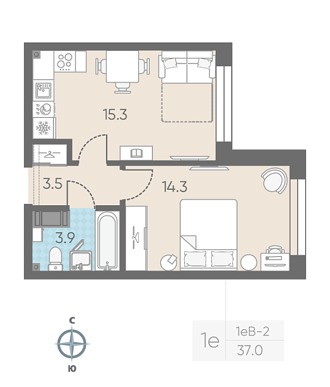 студия, 37 м², 6 этаж 