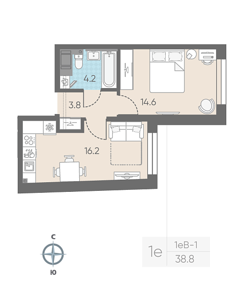 студия, 38.8 м², 5 этаж 