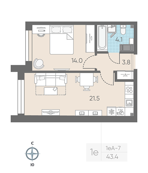 студия, 43.4 м², 8 этаж 