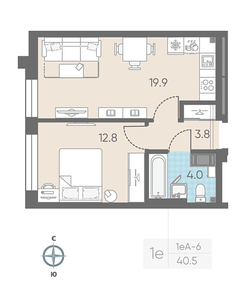 студия, 40.5 м², 10 этаж 