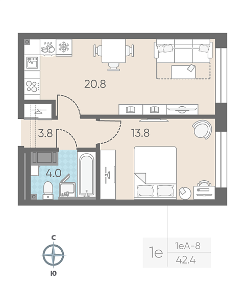 студия, 42.4 м², 9 этаж 