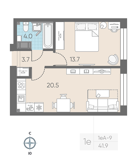 студия, 41.9 м², 10 этаж 