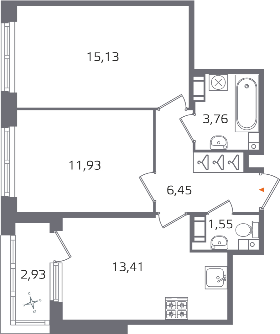 2 комн. квартира, 52.2 м², 5 этаж 
