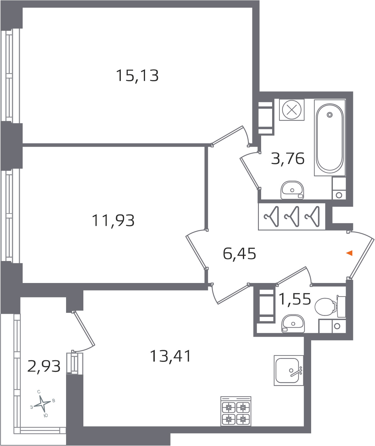 2 комн. квартира, 52.2 м², 6 этаж 