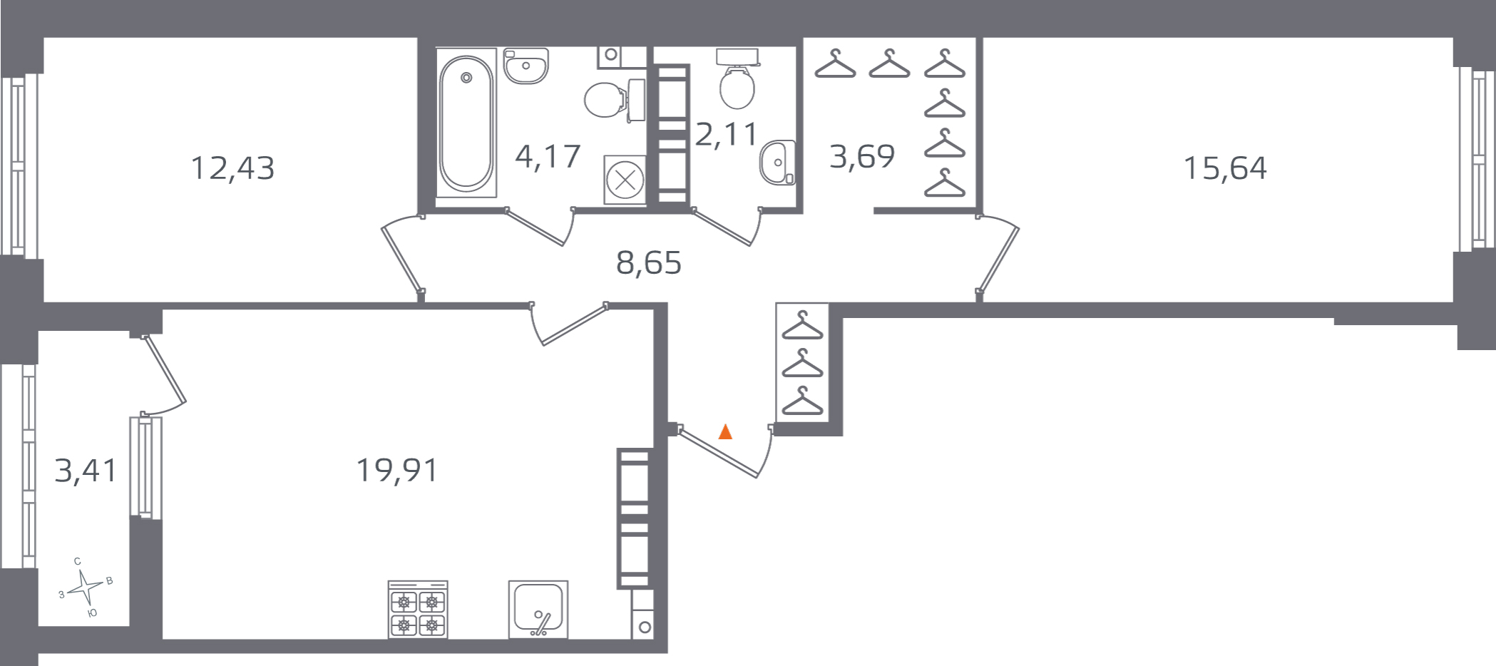 2 комн. квартира, 66.6 м², 14 этаж 