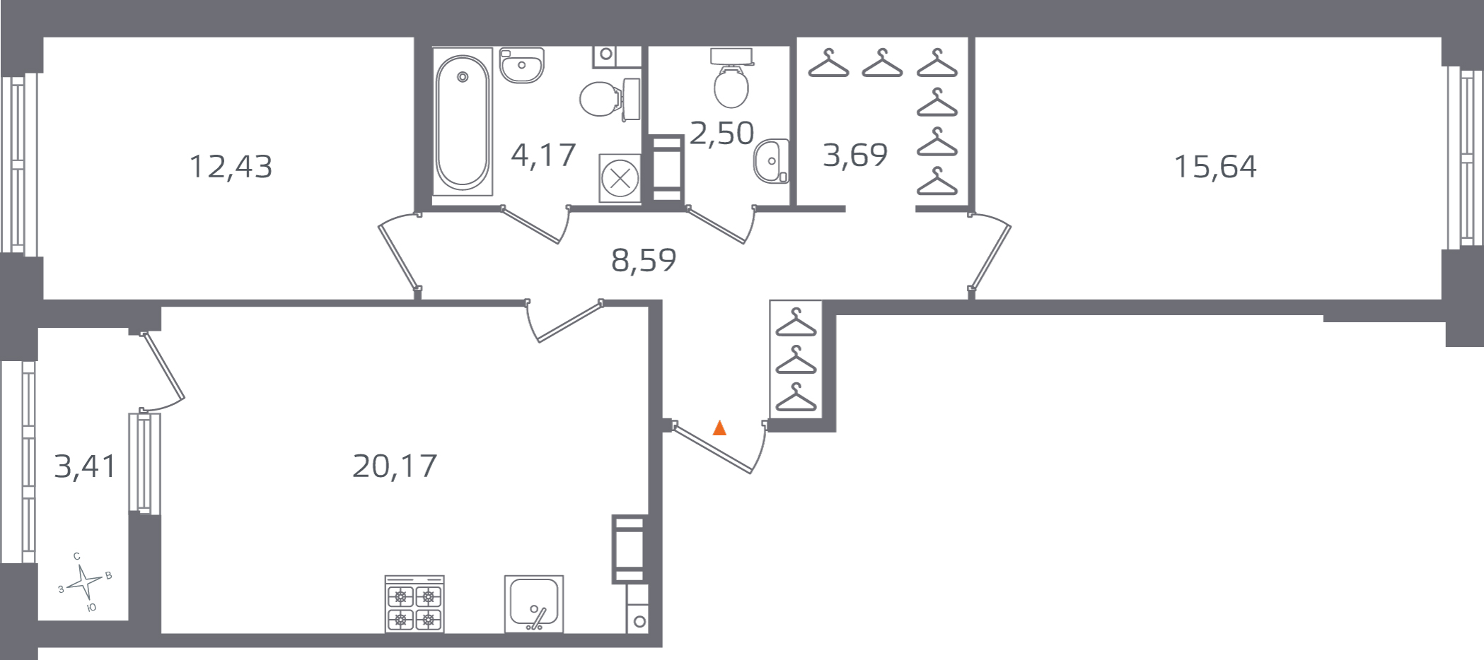 2 комн. квартира, 67.2 м², 12 этаж 