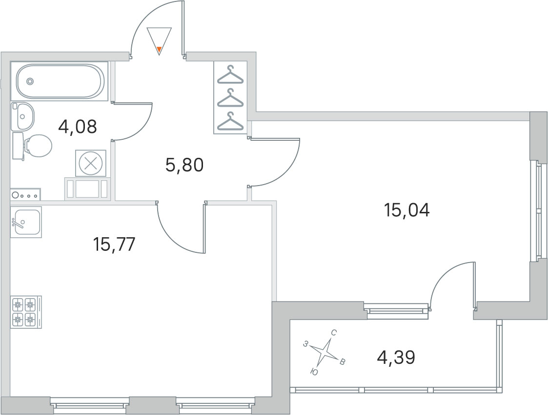 1 комн. квартира, 40.7 м², 2 этаж 