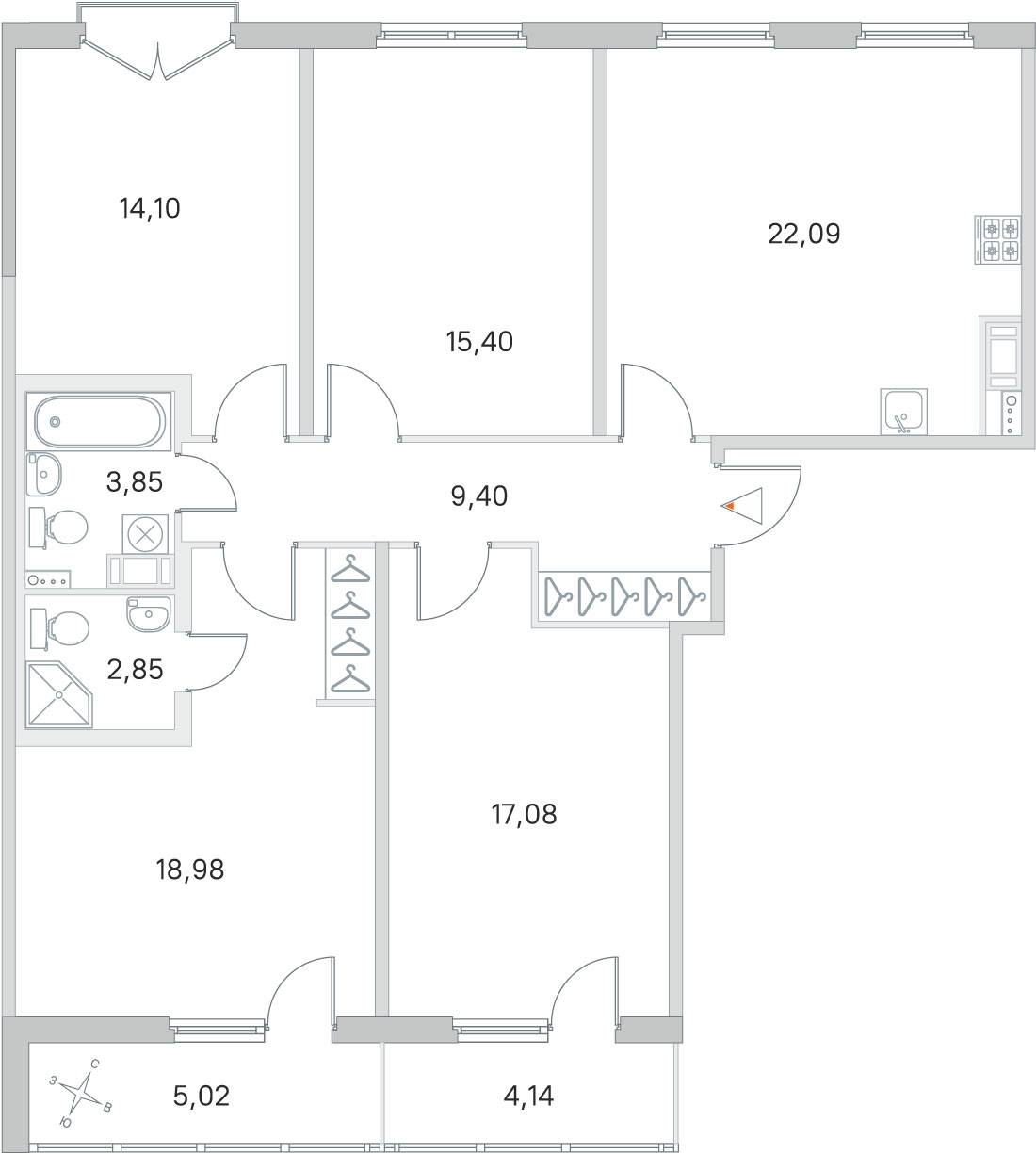 4 комн. квартира, 103.8 м², 4 этаж 