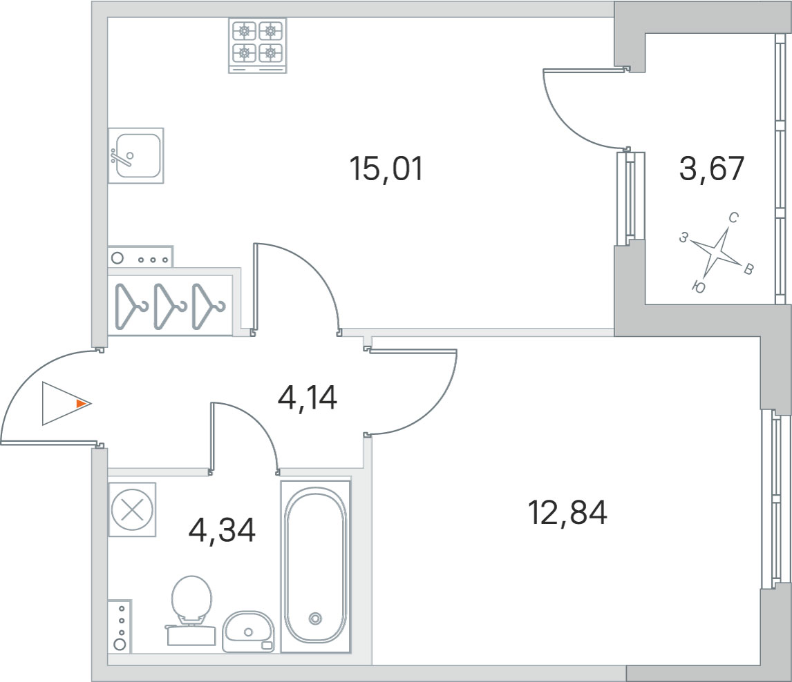 1 комн. квартира, 36.3 м², 1 этаж 